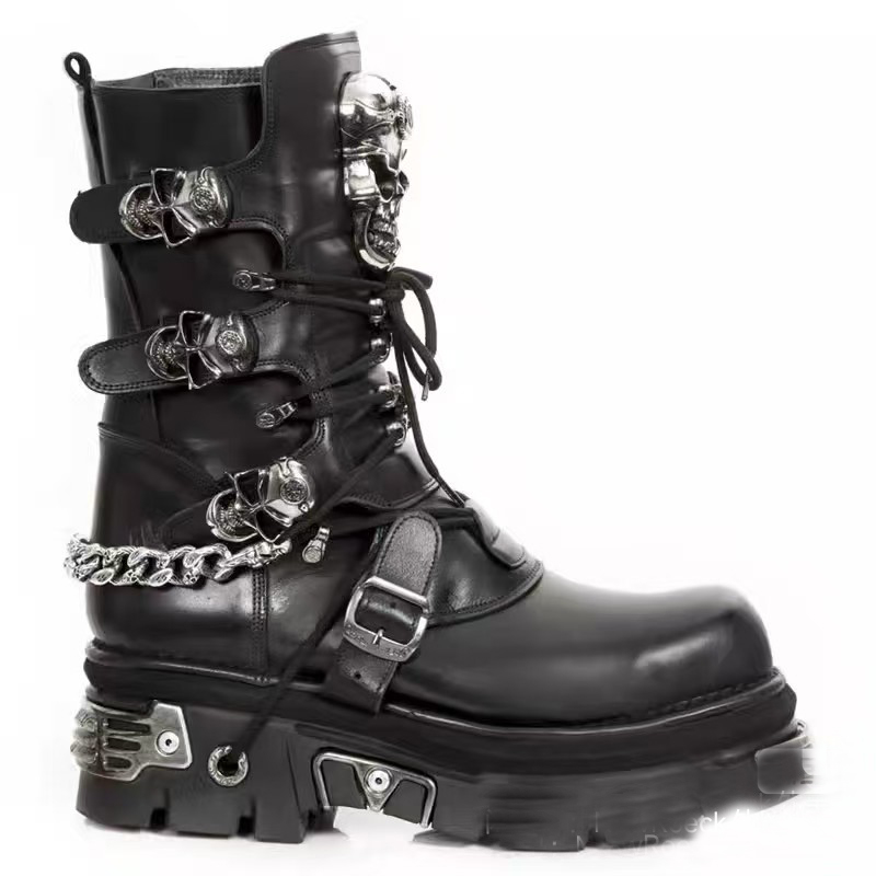 Motorcycle Chain - ファッションメンズ本革オートバイブーツゴススカルパンク新ユニセックスミッドカーフカウボーイブーツメタリックチェーンコンバットブーツ